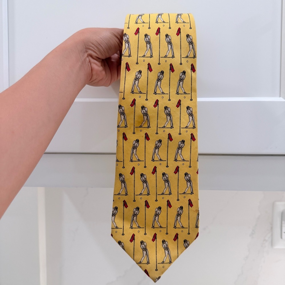 Polo Ralph Lauren Golf Tie Yellow Silk Hand Made USA Vintage Sport Motif